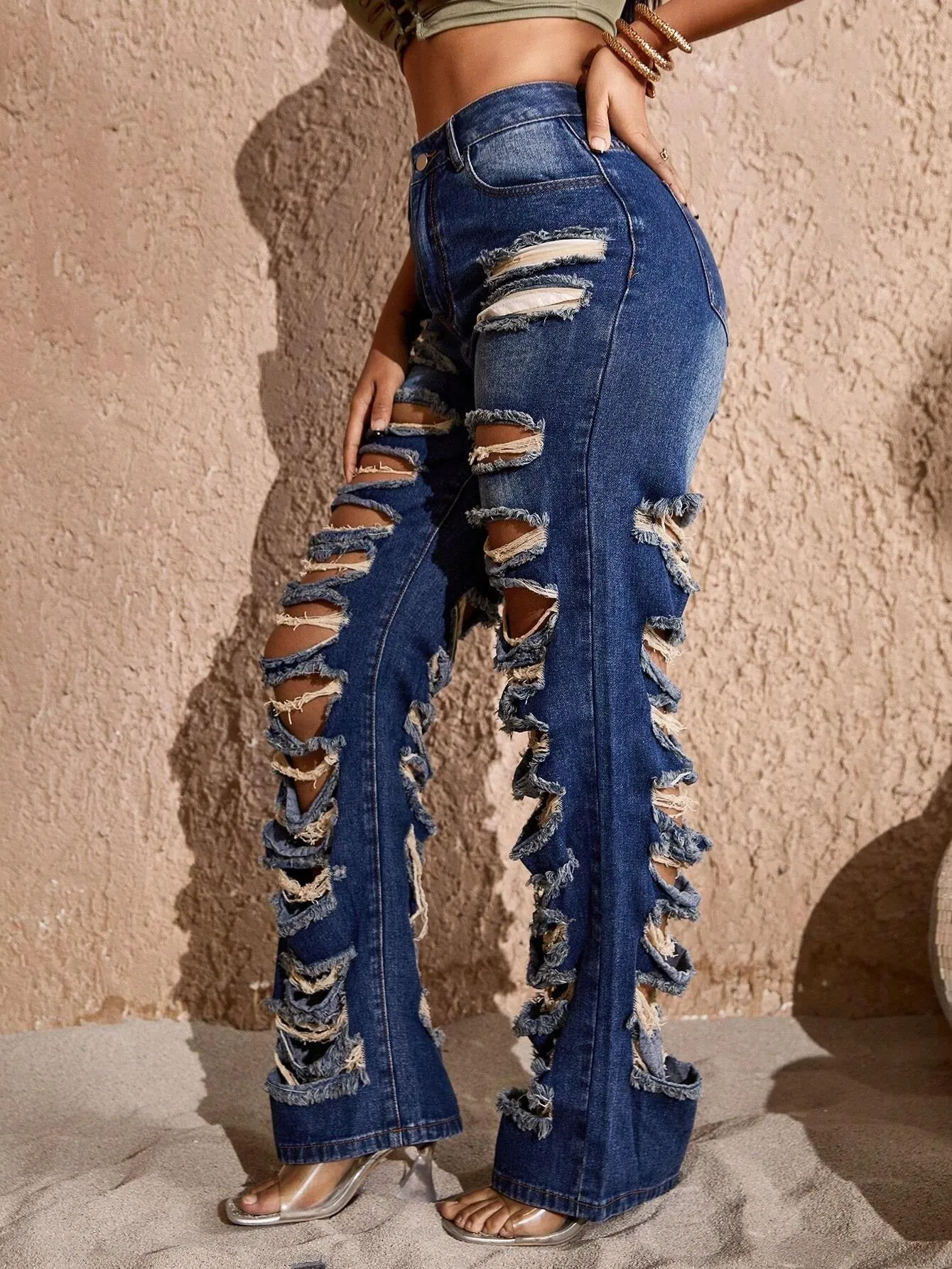 CM-BS699580 Women Preppy Seoul Style High Waist Ripped Straight Leg Jeans - Blue