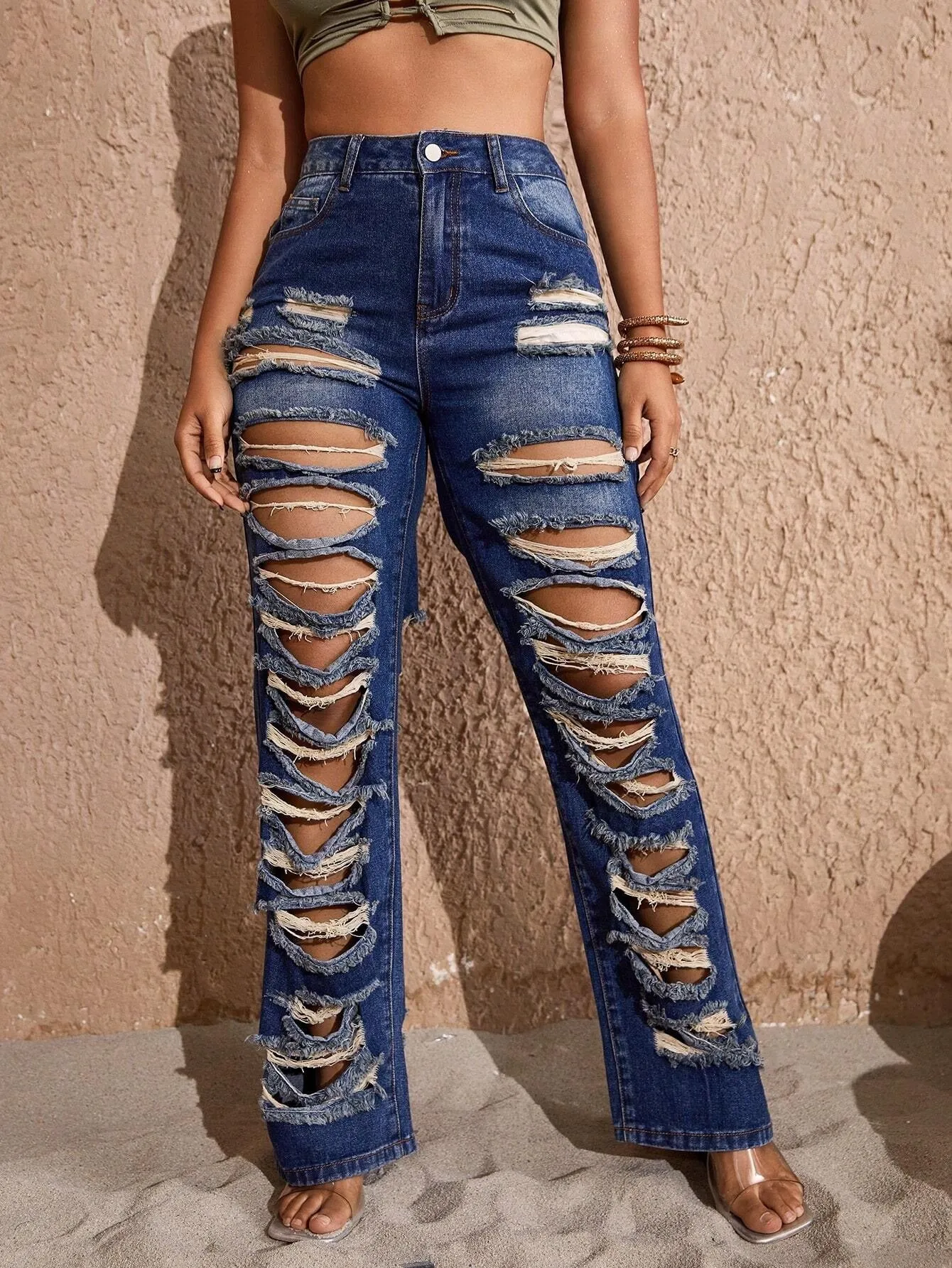 CM-BS699580 Women Preppy Seoul Style High Waist Ripped Straight Leg Jeans - Blue
