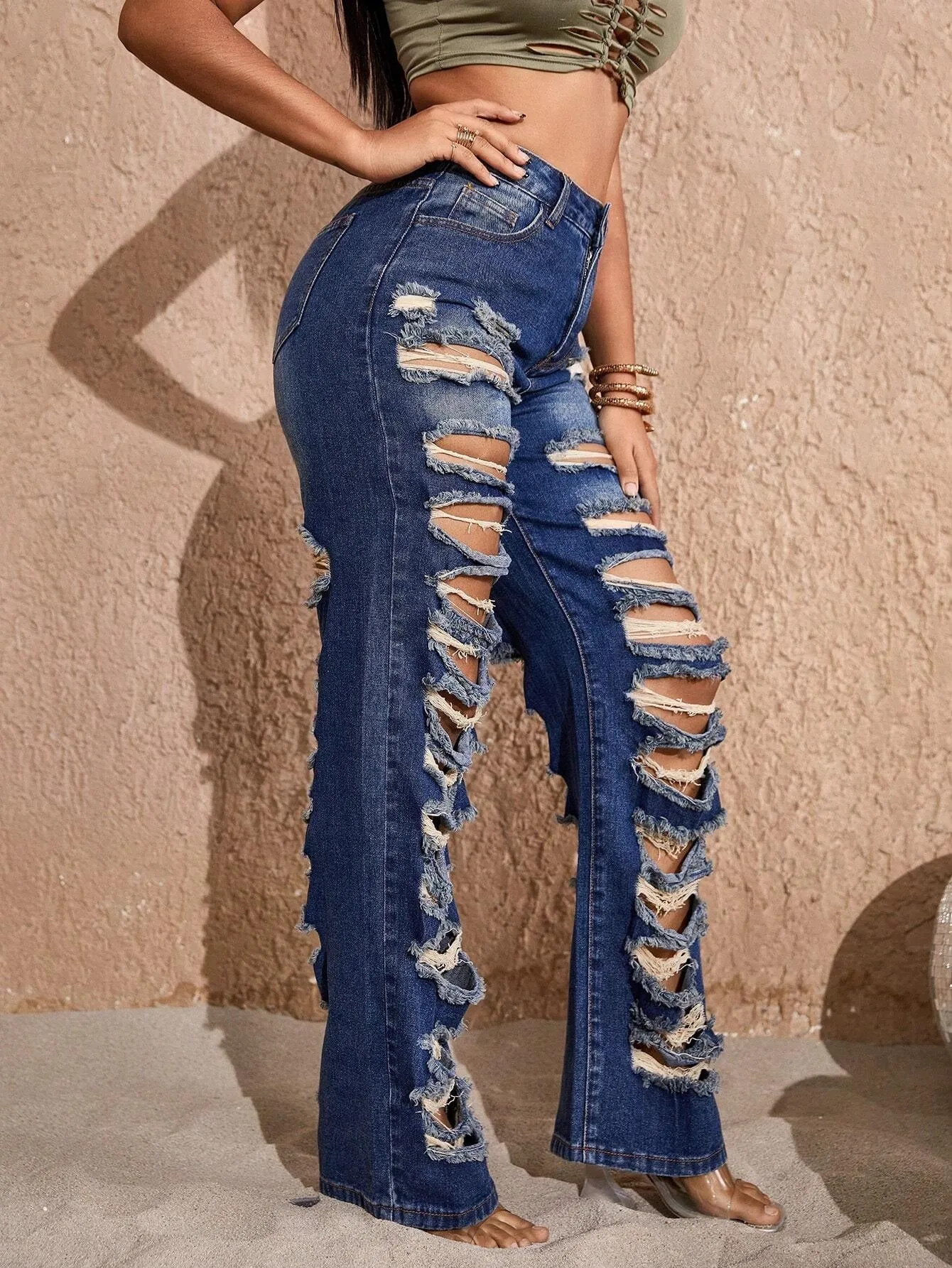 CM-BS699580 Women Preppy Seoul Style High Waist Ripped Straight Leg Jeans - Blue