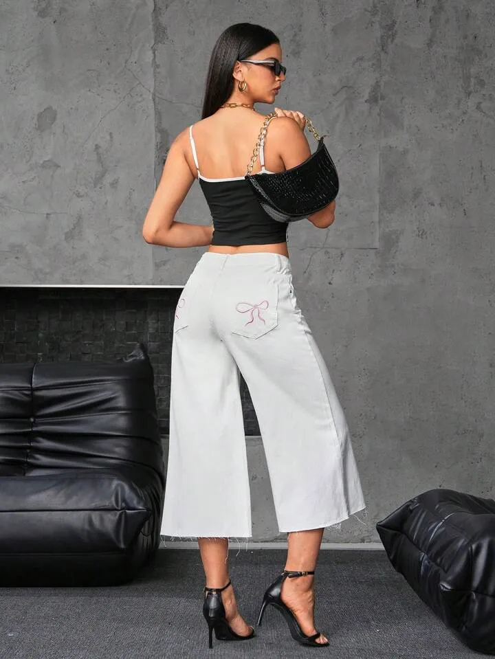 CM-BS756860 Women Casual Seoul Style Bow Embroidered Decoration Wide Leg Jeans - White
