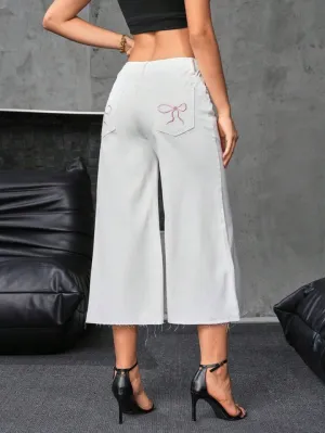 CM-BS756860 Women Casual Seoul Style Bow Embroidered Decoration Wide Leg Jeans - White