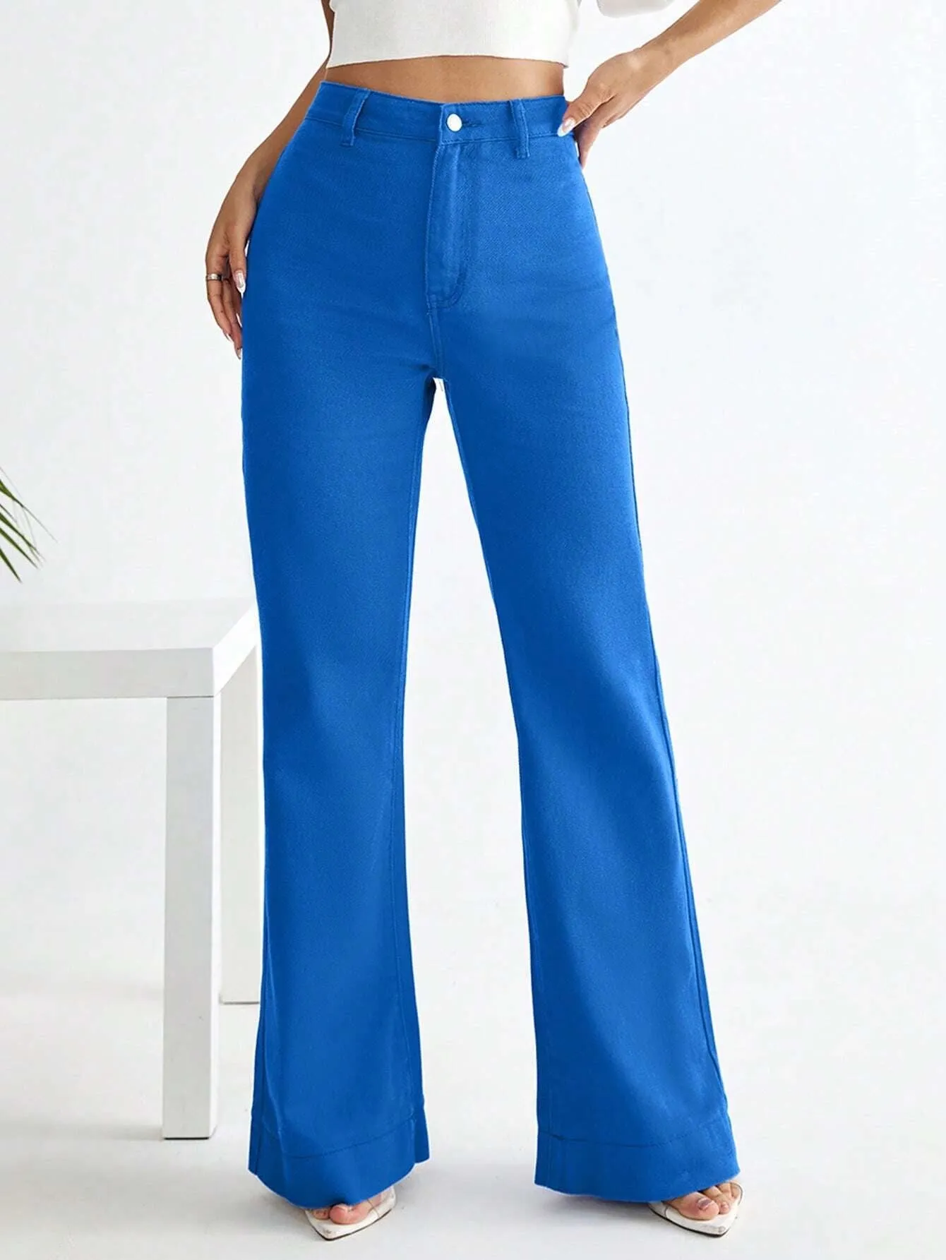 CM-BS759005 Women Preppy Seoul Style High Waist Flare Leg Jeans - Blue