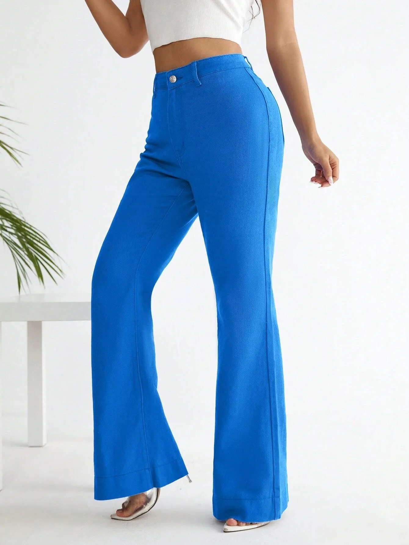 CM-BS759005 Women Preppy Seoul Style High Waist Flare Leg Jeans - Blue