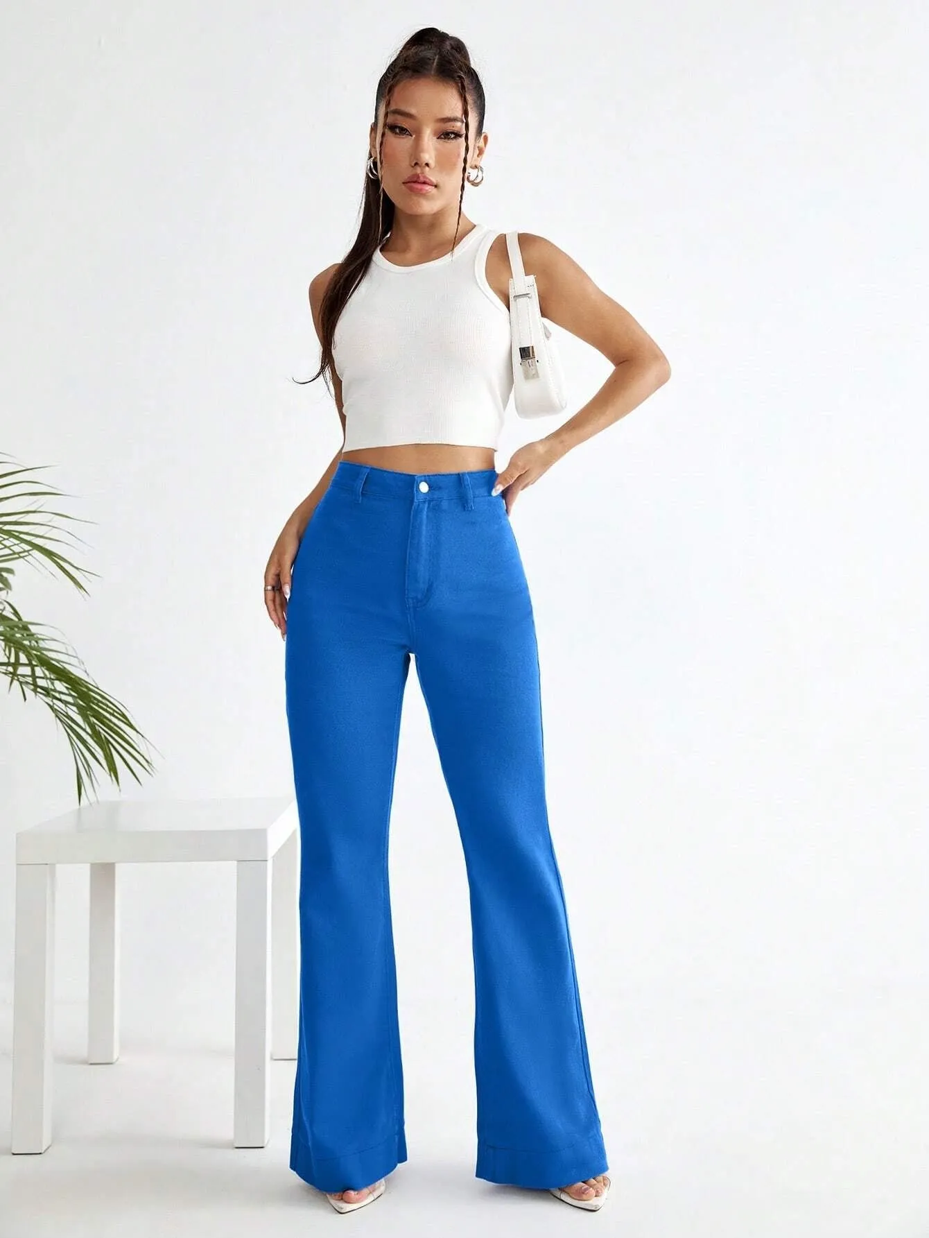 CM-BS759005 Women Preppy Seoul Style High Waist Flare Leg Jeans - Blue