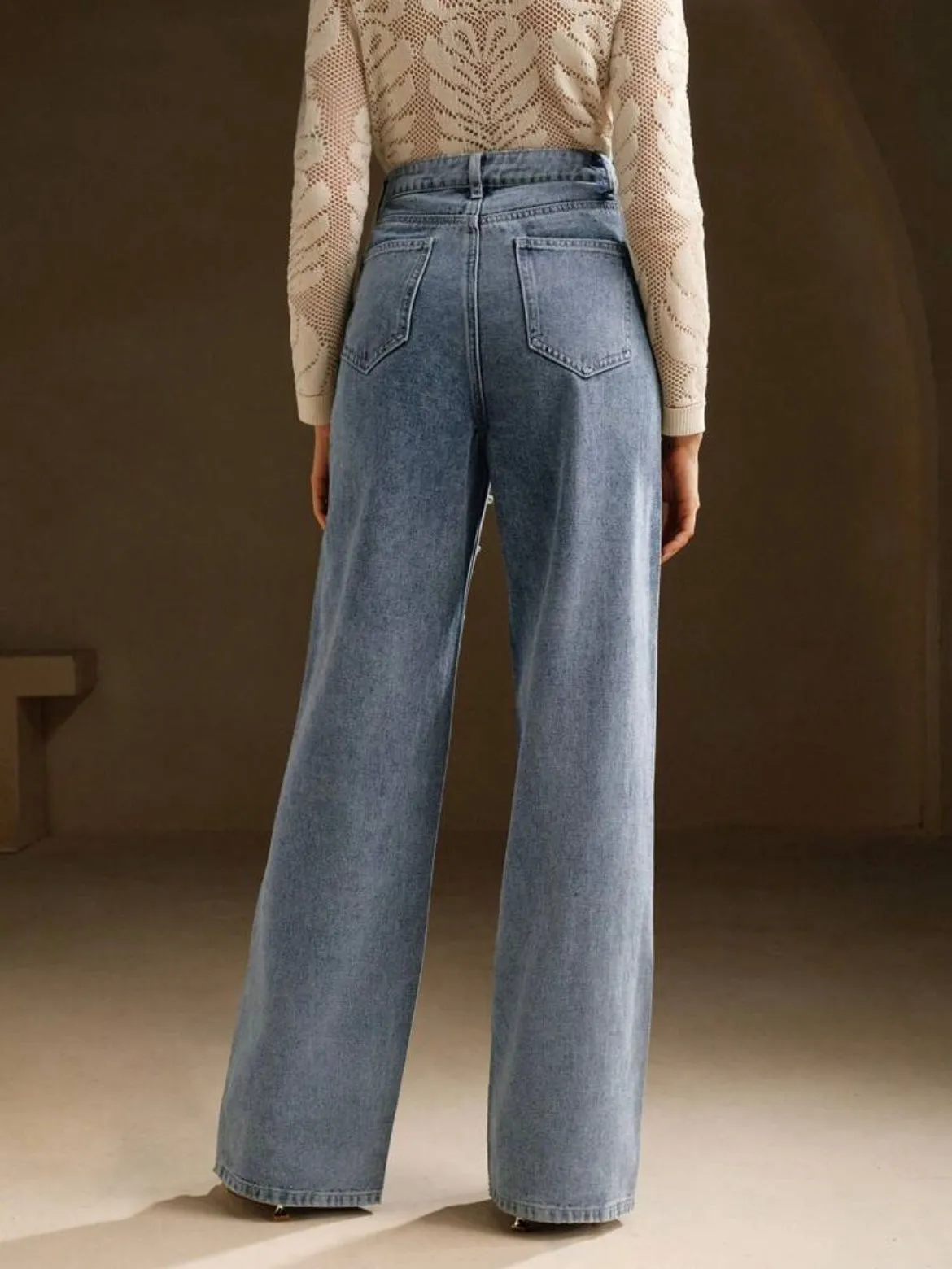 CM-BS767711 Women Casual Seoul Style High Waist Pearl Embellished Straight Loose Wide Leg Jeans - Blue