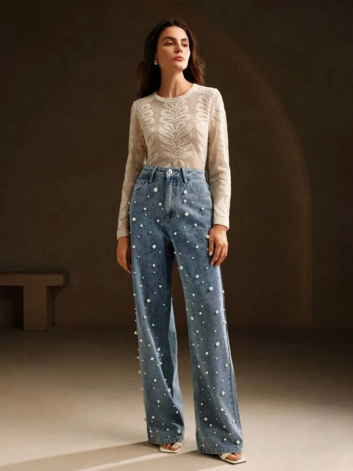 CM-BS767711 Women Casual Seoul Style High Waist Pearl Embellished Straight Loose Wide Leg Jeans - Blue