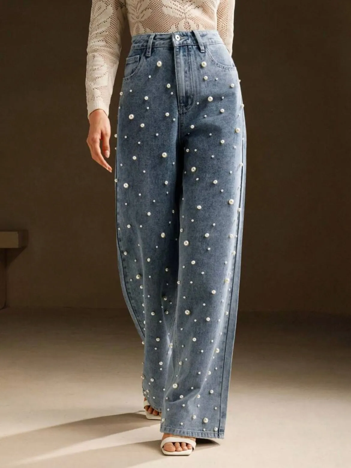 CM-BS767711 Women Casual Seoul Style High Waist Pearl Embellished Straight Loose Wide Leg Jeans - Blue