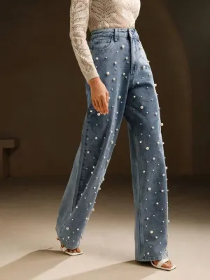 CM-BS767711 Women Casual Seoul Style High Waist Pearl Embellished Straight Loose Wide Leg Jeans - Blue