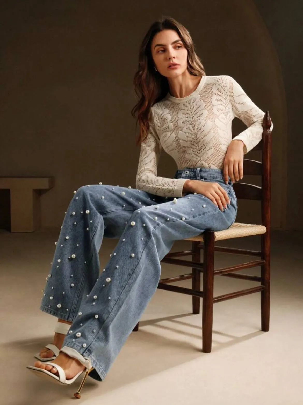 CM-BS767711 Women Casual Seoul Style High Waist Pearl Embellished Straight Loose Wide Leg Jeans - Blue