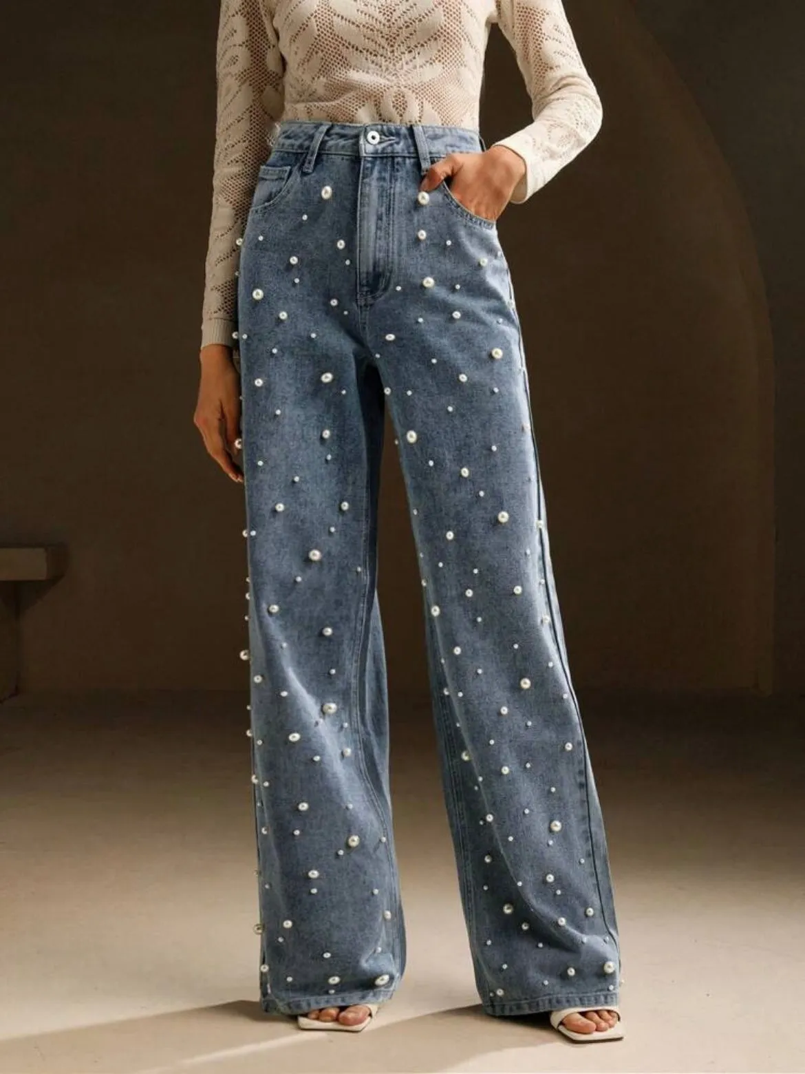 CM-BS767711 Women Casual Seoul Style High Waist Pearl Embellished Straight Loose Wide Leg Jeans - Blue