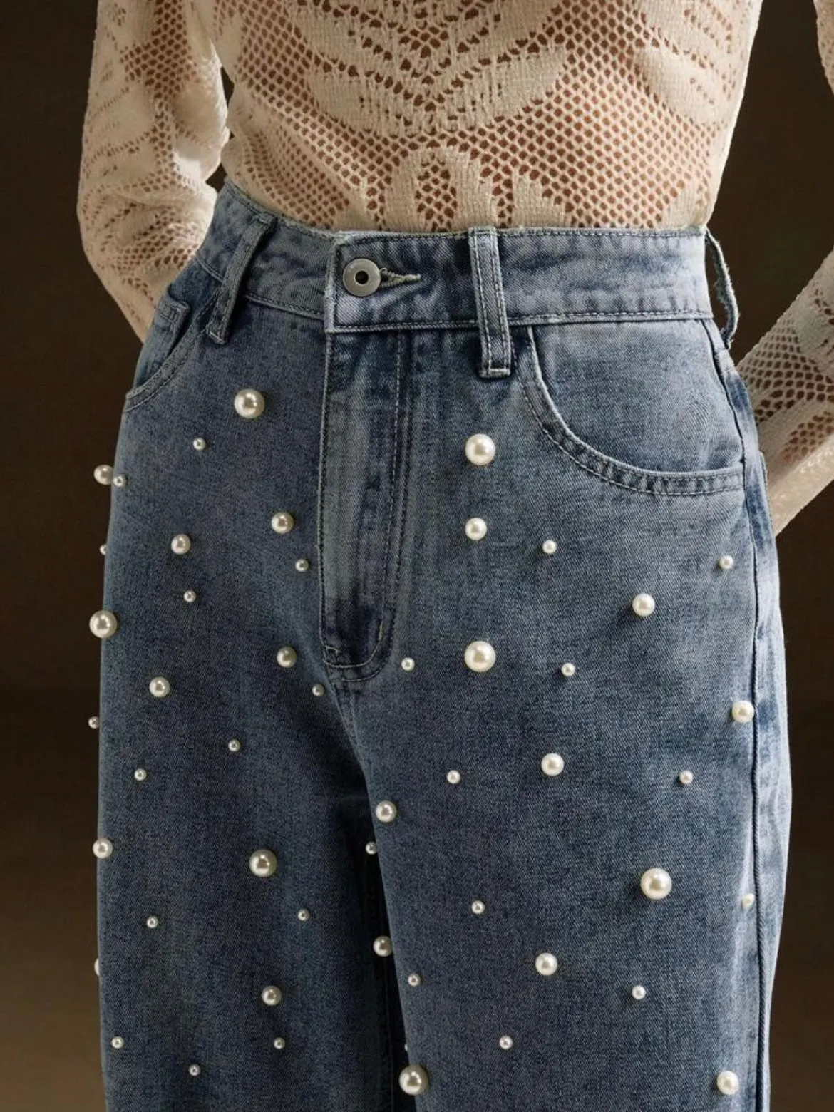 CM-BS767711 Women Casual Seoul Style High Waist Pearl Embellished Straight Loose Wide Leg Jeans - Blue