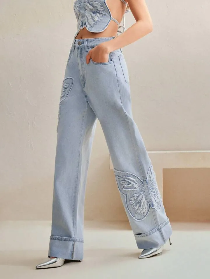 CM-BS777454 Women Casual Seoul Style Butterfly Embroidered Wide-Leg Jeans - Blue
