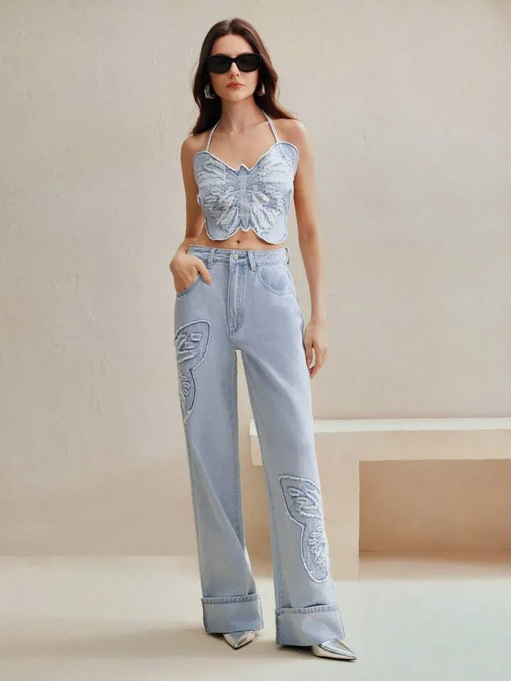 CM-BS777454 Women Casual Seoul Style Butterfly Embroidered Wide-Leg Jeans - Blue