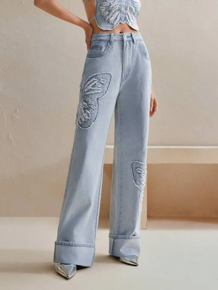 CM-BS777454 Women Casual Seoul Style Butterfly Embroidered Wide-Leg Jeans - Blue