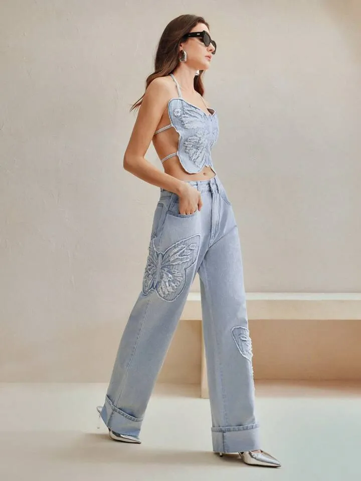 CM-BS777454 Women Casual Seoul Style Butterfly Embroidered Wide-Leg Jeans - Blue