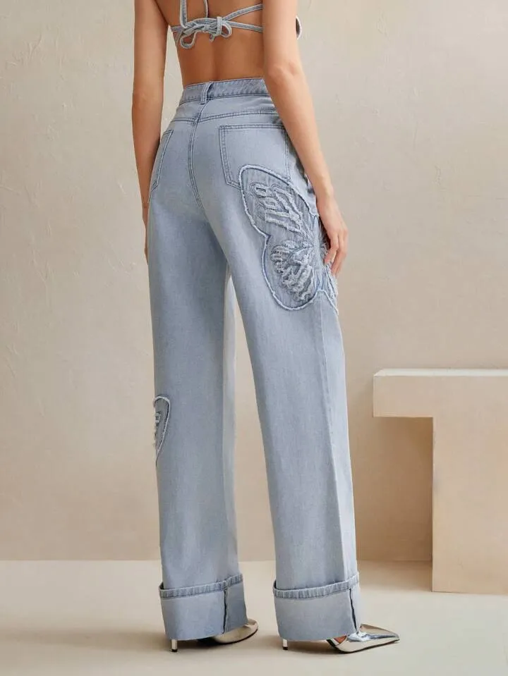CM-BS777454 Women Casual Seoul Style Butterfly Embroidered Wide-Leg Jeans - Blue