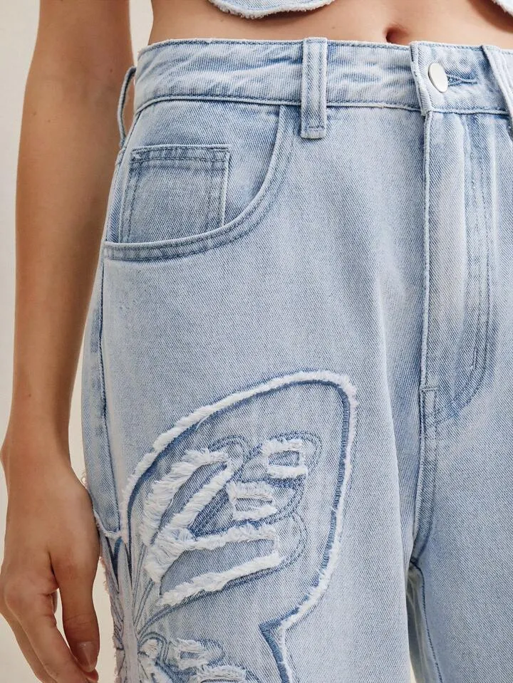 CM-BS777454 Women Casual Seoul Style Butterfly Embroidered Wide-Leg Jeans - Blue