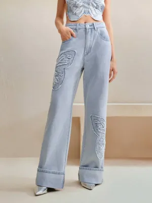 CM-BS777454 Women Casual Seoul Style Butterfly Embroidered Wide-Leg Jeans - Blue