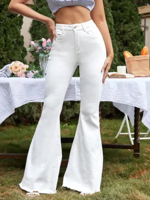 CM-BS824123 Women Casual Seoul Style High Waist Raw Hem Flared Leg Jeans - White