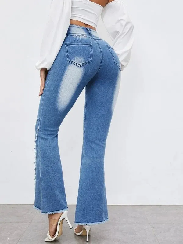 CM-BS904039 Women Casual Seoul Style High Waist Ripped Raw Hem Flare Leg Jeans