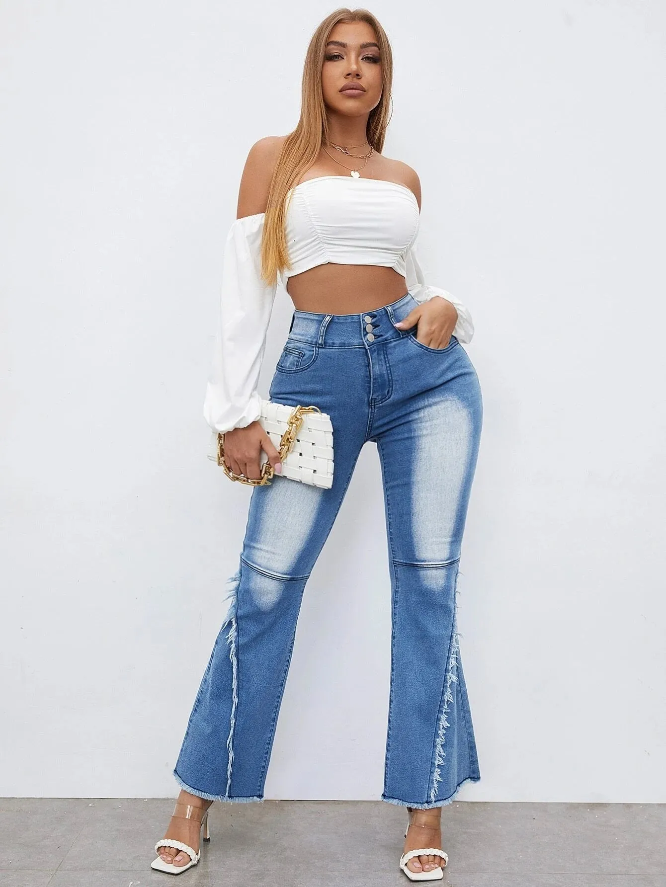 CM-BS904039 Women Casual Seoul Style High Waist Ripped Raw Hem Flare Leg Jeans