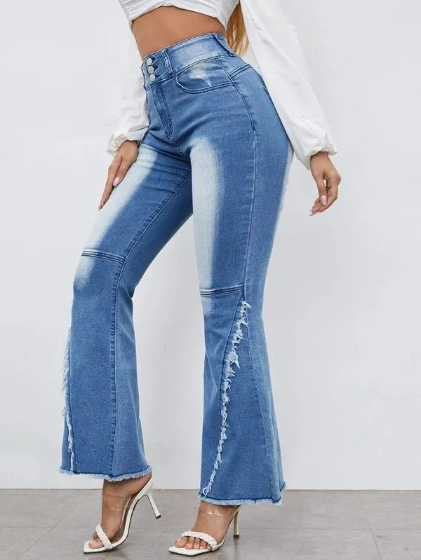 CM-BS904039 Women Casual Seoul Style High Waist Ripped Raw Hem Flare Leg Jeans