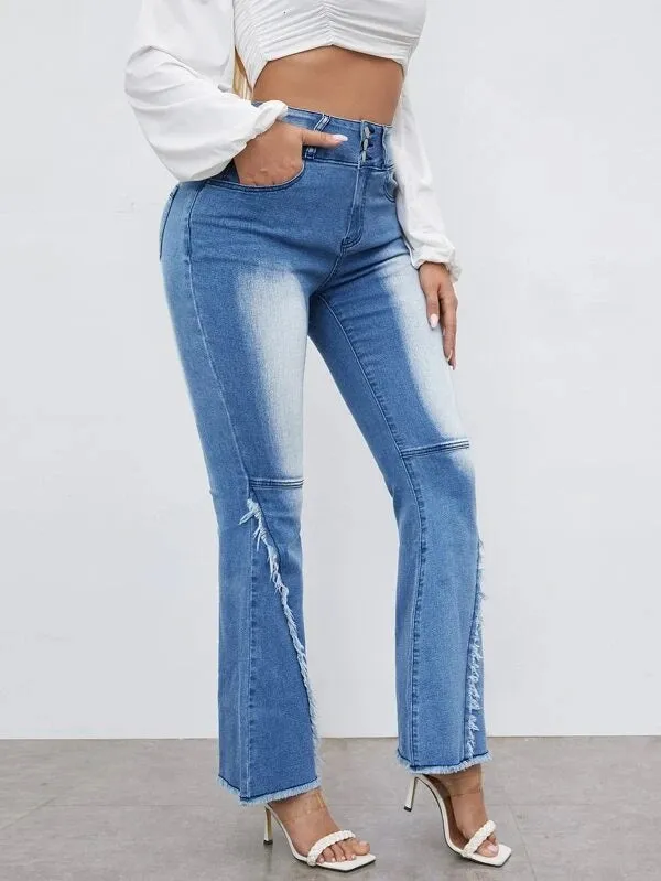 CM-BS904039 Women Casual Seoul Style High Waist Ripped Raw Hem Flare Leg Jeans