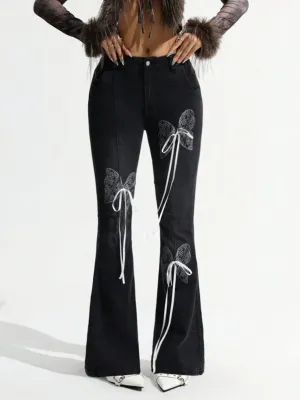 CM-BS915274 Women Casual Seoul Style Butterfly Print And Bow Decor Bell Bottoms Jeans - Black