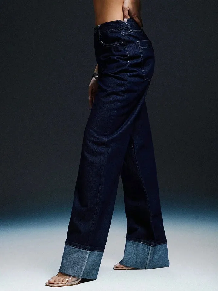 CM-BS915973 Women Casual Seoul Style Dark Wash Loose Straight Long Cuff Hem Jeans
