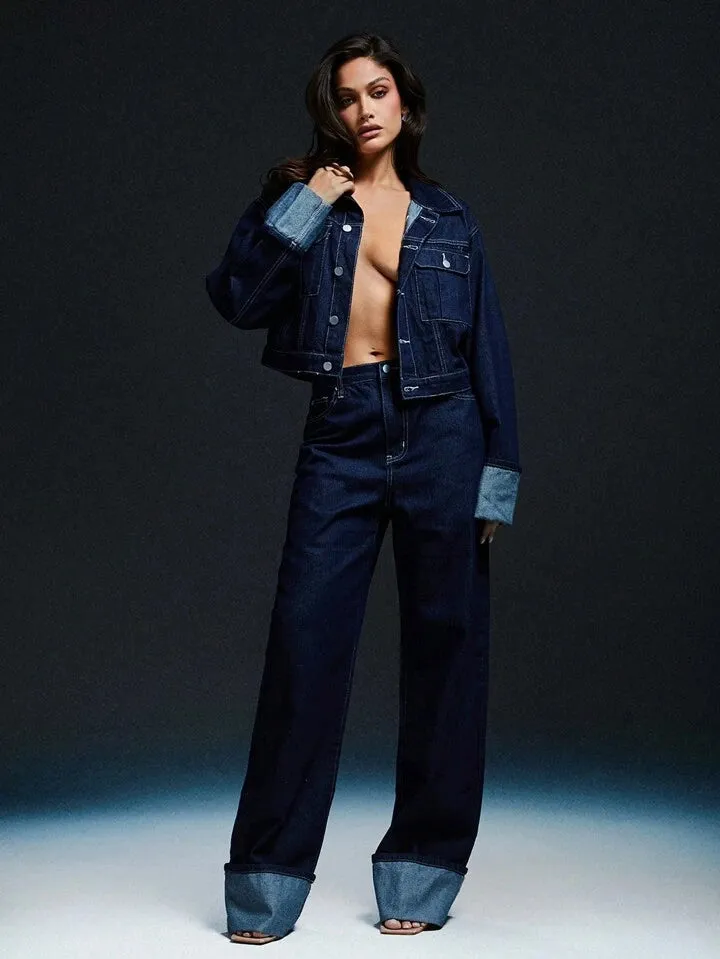 CM-BS915973 Women Casual Seoul Style Dark Wash Loose Straight Long Cuff Hem Jeans