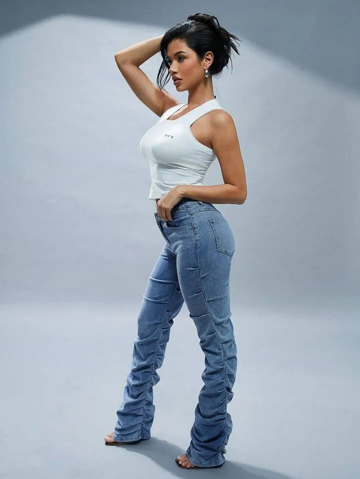 CM-BS941961 Women Casual Seoul Style Light Wash Pleated Pocket Straight Leg Versatile Jeans