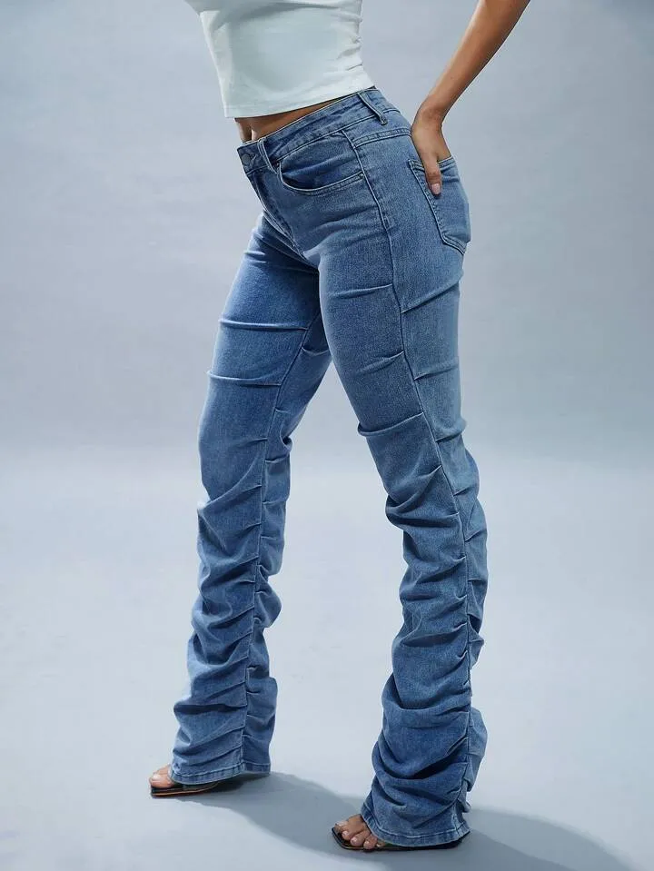 CM-BS941961 Women Casual Seoul Style Light Wash Pleated Pocket Straight Leg Versatile Jeans