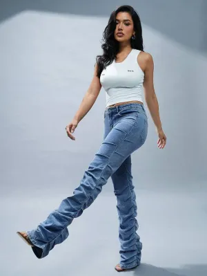 CM-BS941961 Women Casual Seoul Style Light Wash Pleated Pocket Straight Leg Versatile Jeans