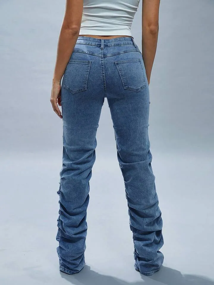 CM-BS941961 Women Casual Seoul Style Light Wash Pleated Pocket Straight Leg Versatile Jeans