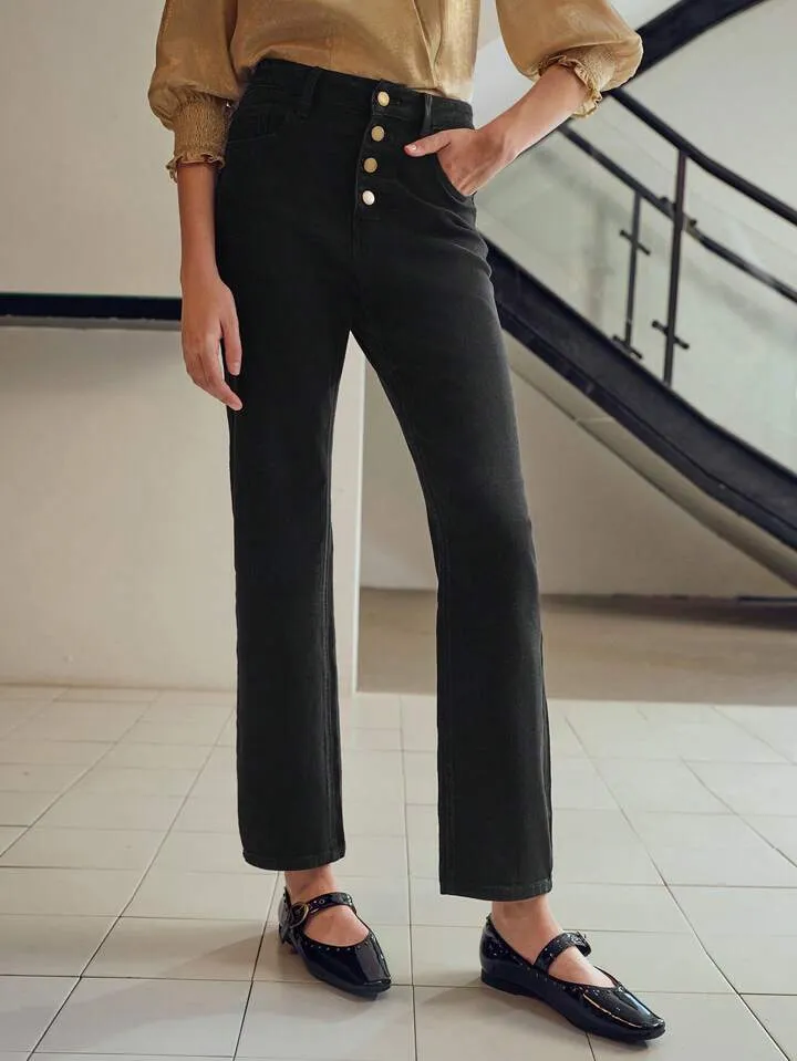 CM-BS949669 Women Elegant Seoul Style Button Fly Tapered Crop Jeans - Black