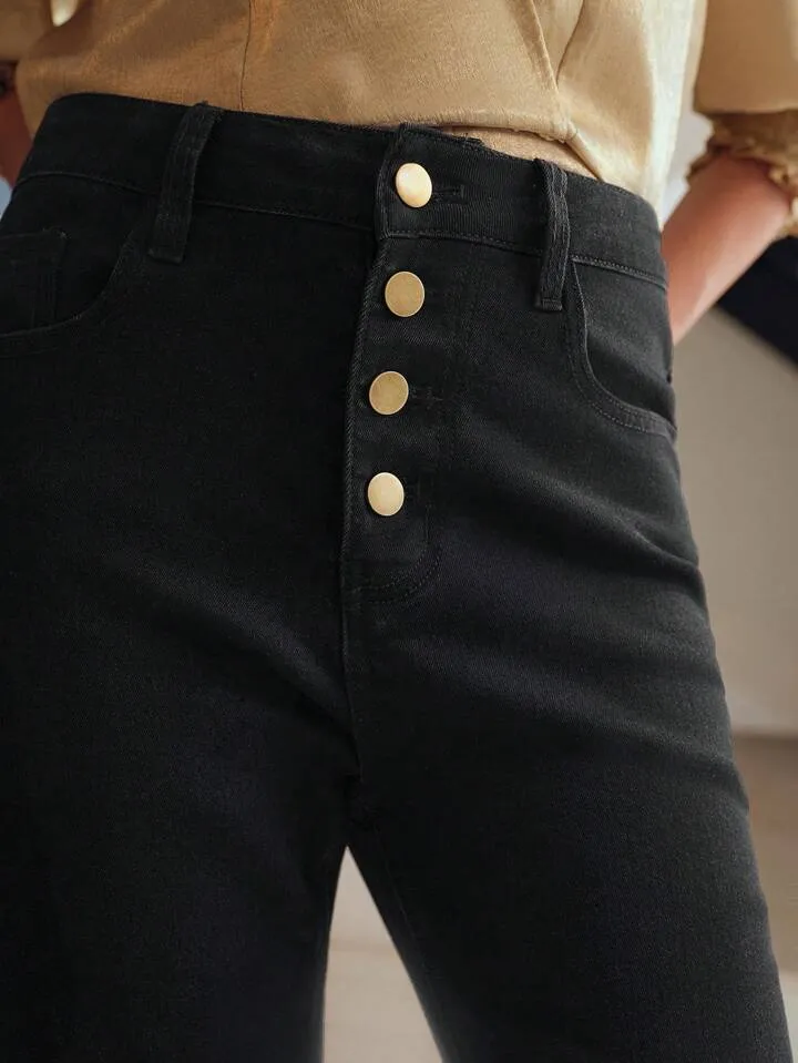 CM-BS949669 Women Elegant Seoul Style Button Fly Tapered Crop Jeans - Black