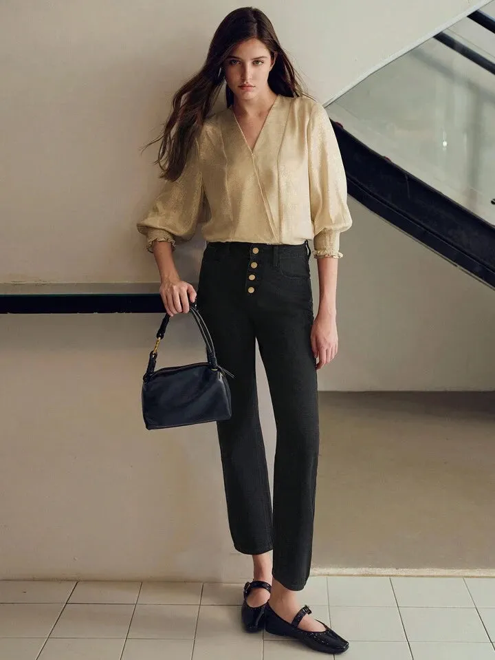 CM-BS949669 Women Elegant Seoul Style Button Fly Tapered Crop Jeans - Black