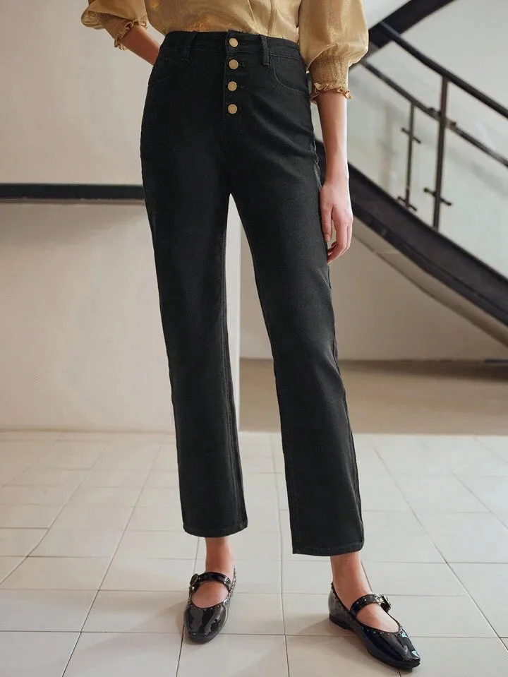 CM-BS949669 Women Elegant Seoul Style Button Fly Tapered Crop Jeans - Black