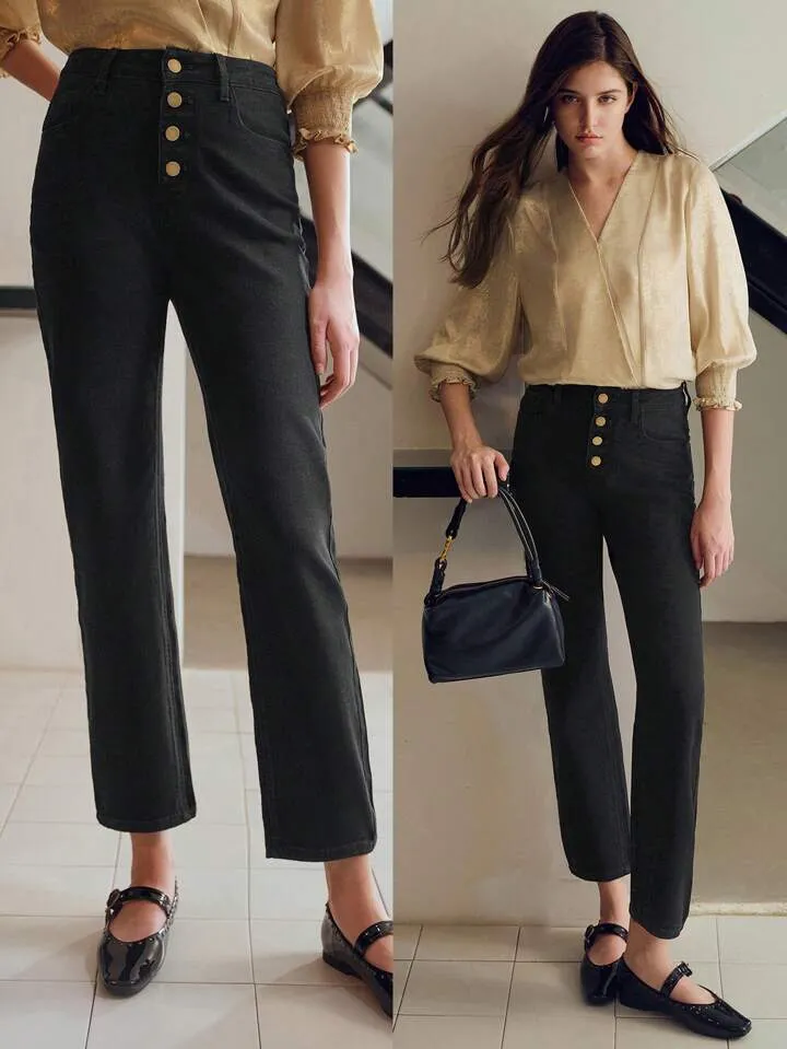 CM-BS949669 Women Elegant Seoul Style Button Fly Tapered Crop Jeans - Black