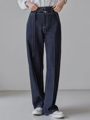 CM-BS966746 Women Casual Seoul Style High Waist Belted Topstitching Straight Leg Jeans