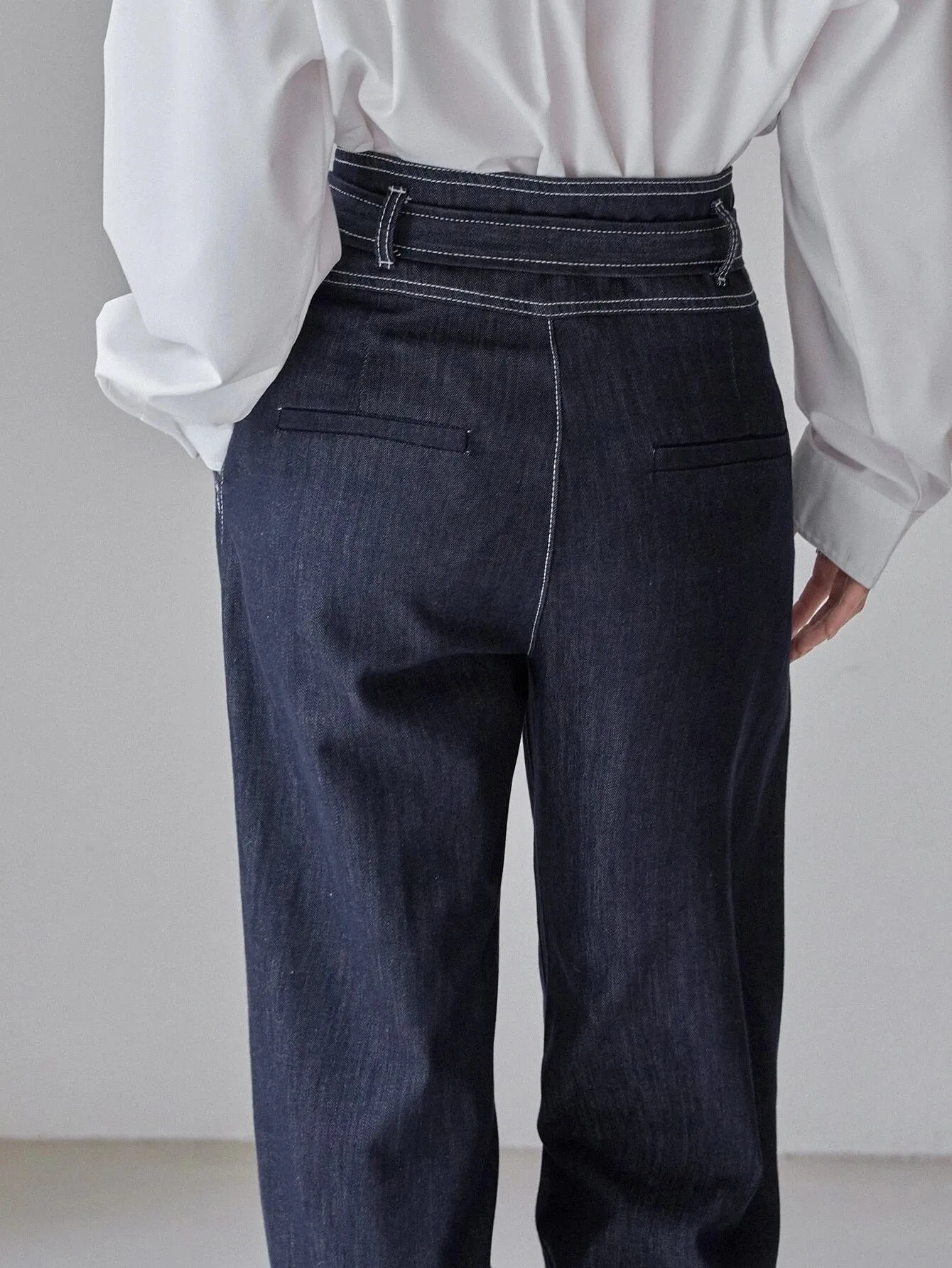CM-BS966746 Women Casual Seoul Style High Waist Belted Topstitching Straight Leg Jeans