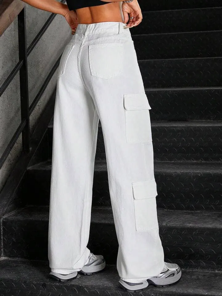 CM-BS998999 Women Casual Seoul Style High Waist Washed Denim Cargo Pants - White