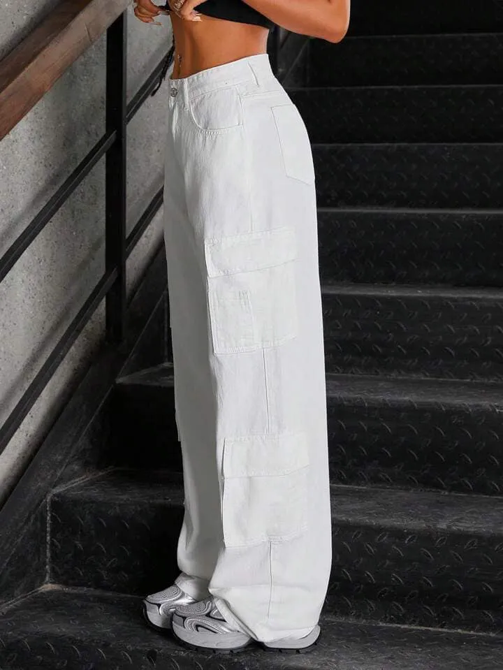 CM-BS998999 Women Casual Seoul Style High Waist Washed Denim Cargo Pants - White