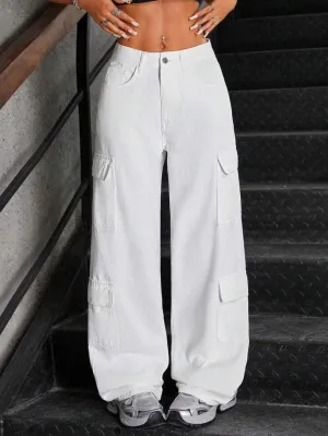 CM-BS998999 Women Casual Seoul Style High Waist Washed Denim Cargo Pants - White