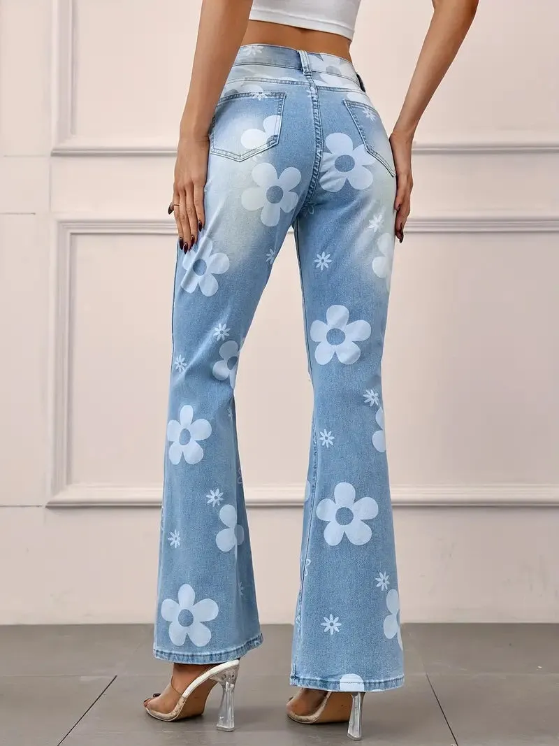 CM-BT050235 Women Casual Seoul Style Washed Floral Print Ripped Flare Leg Jeans