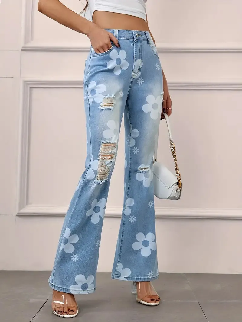 CM-BT050235 Women Casual Seoul Style Washed Floral Print Ripped Flare Leg Jeans