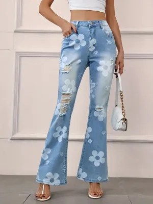 CM-BT050235 Women Casual Seoul Style Washed Floral Print Ripped Flare Leg Jeans