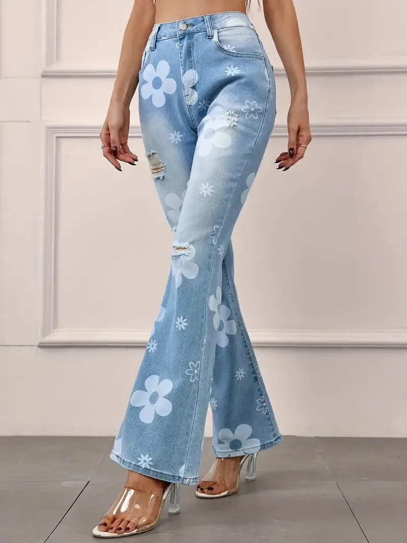CM-BT050235 Women Casual Seoul Style Washed Floral Print Ripped Flare Leg Jeans