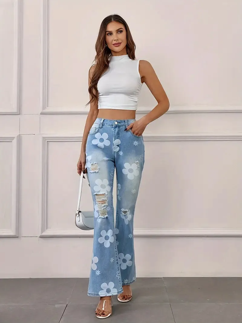 CM-BT050235 Women Casual Seoul Style Washed Floral Print Ripped Flare Leg Jeans