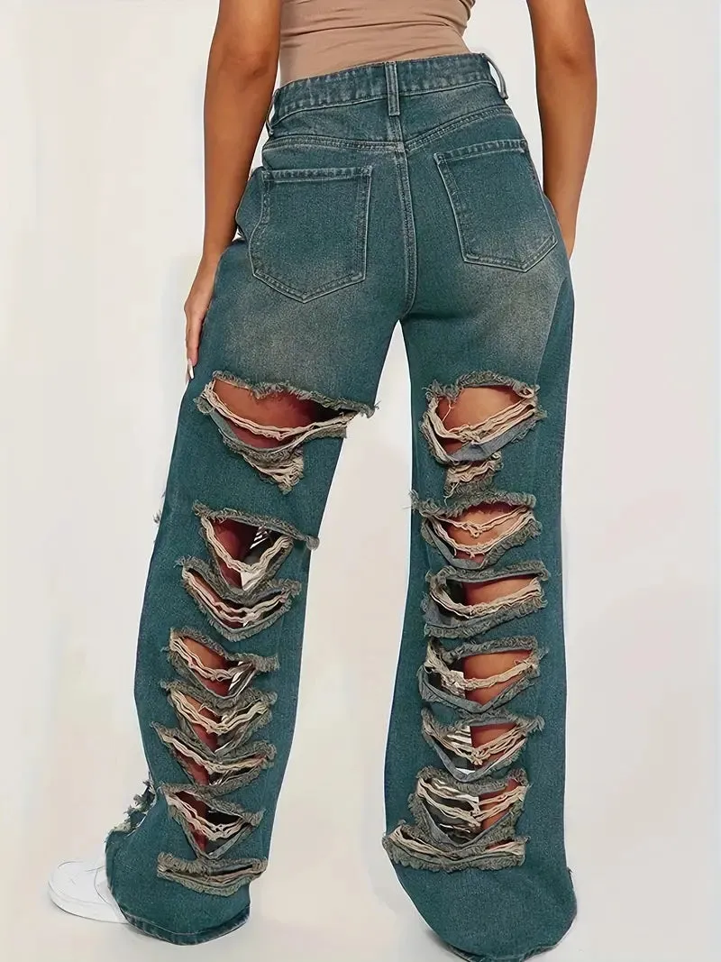 CM-BT089898 Women Casual Seoul Style Ripped Distressed Frayed Edges Long Denim Pants